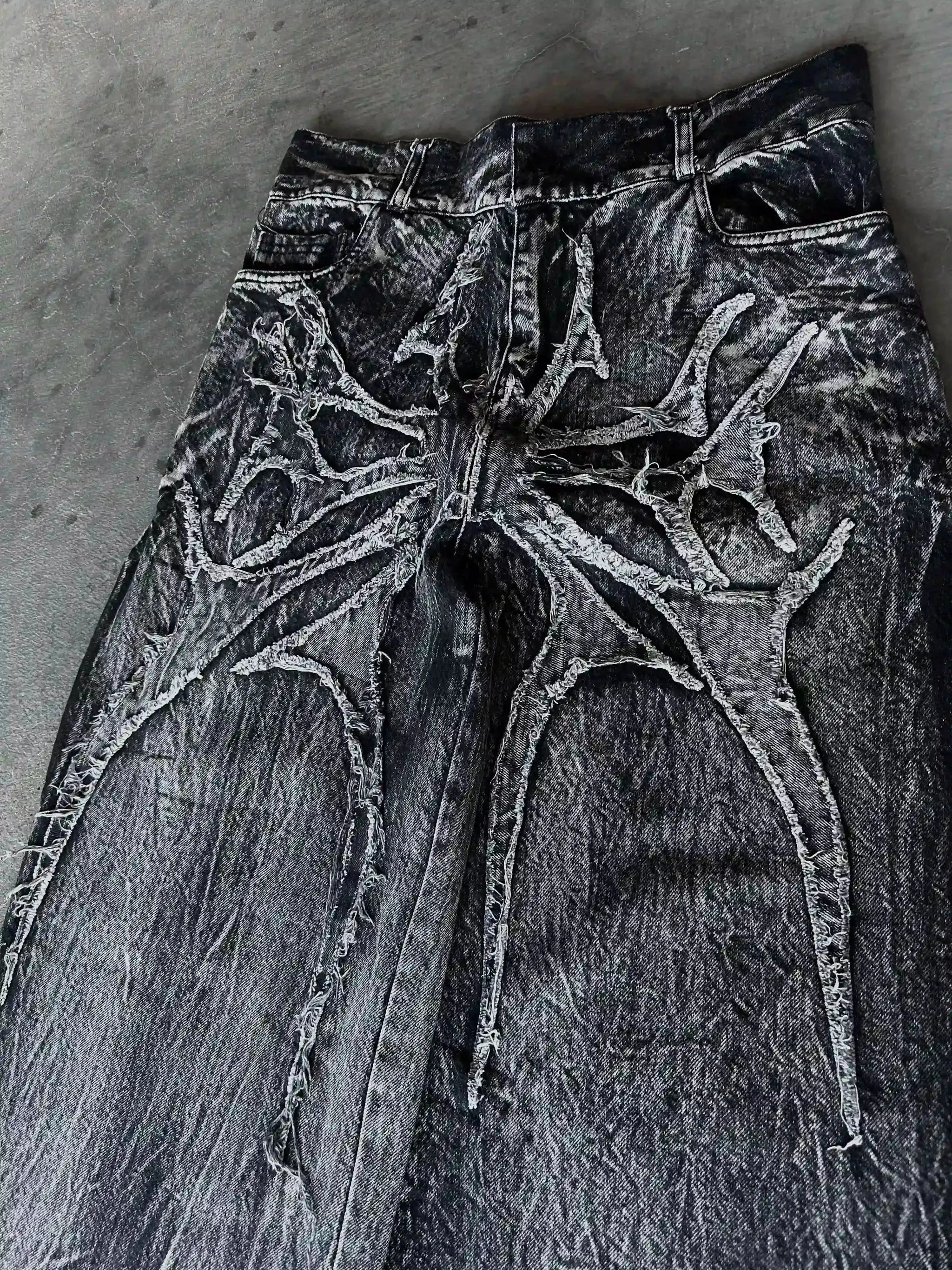 Gothic Retro Baggy Unisex Mopping Pants Y2K Phantom Jeans High Street Spider Embroidered Patch Hip Hop Streetwear Straight Jeans