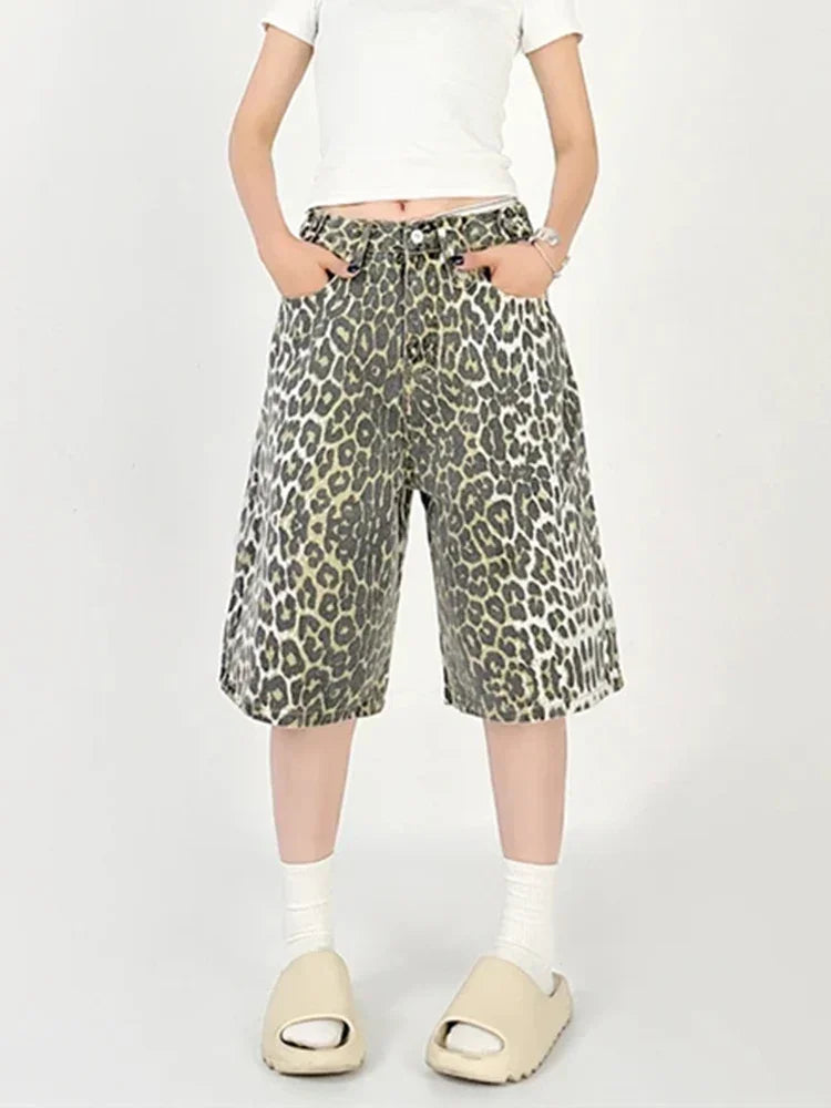 Women's Shorts Denim Leopard Print High Waisted Straight Leg Pants Street Harajuku Y2K Retro Versatile Fashion Wide Leg Jeans