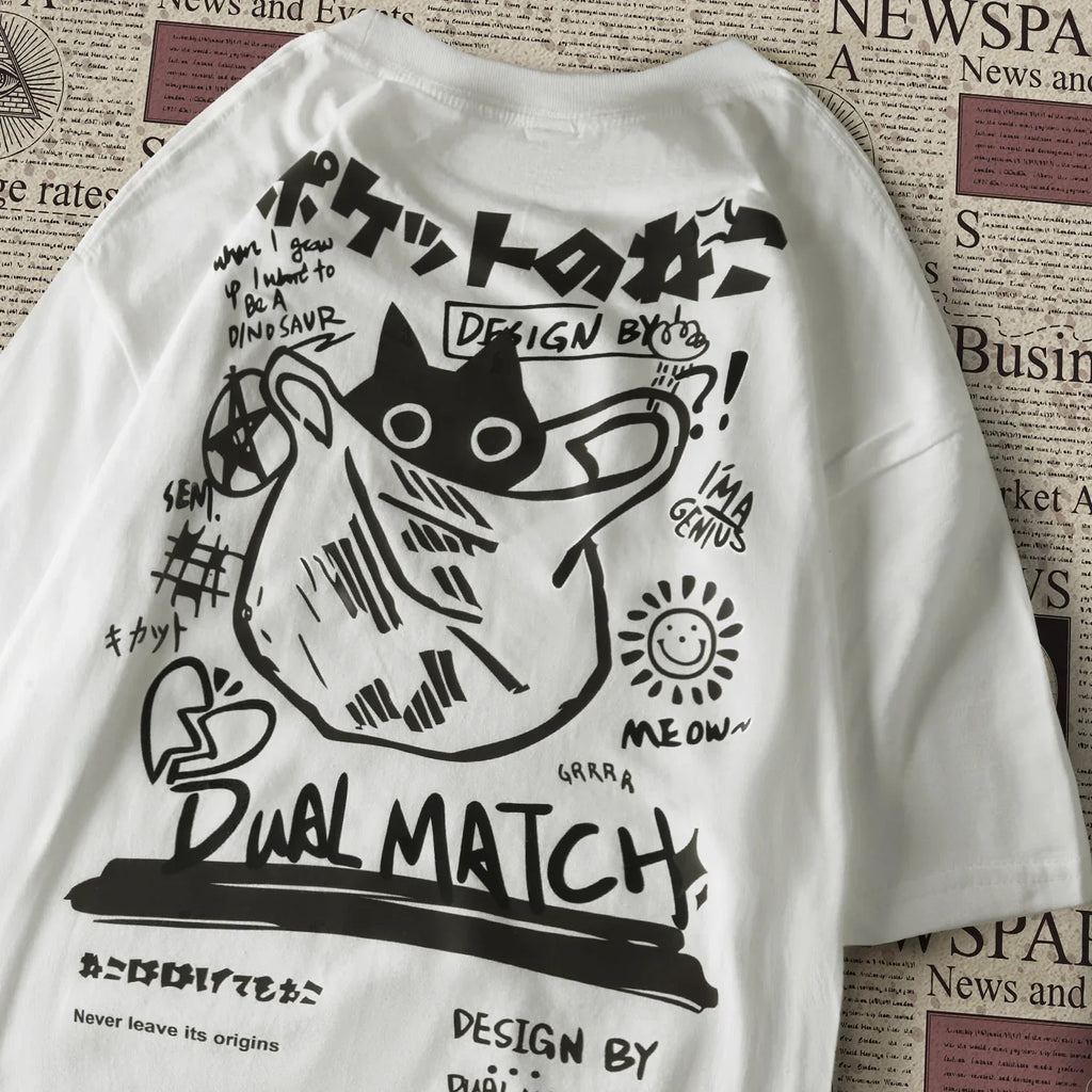 Men Women Cartoon T-Shirts Harajuku Kawaii Cat Printed Short Sleeve Tees Couple Streetwear Clothes Y2K Tops Graphic T Shirts