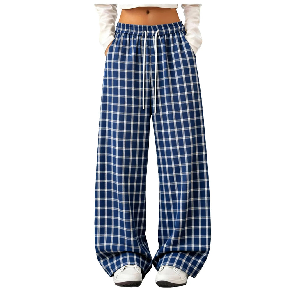 Women Plaid Straight Wide Leg Pants Drawstring Elastic Waist Loose Comfy Fit Casual Trendy Daily All Season Trousers Streetwear