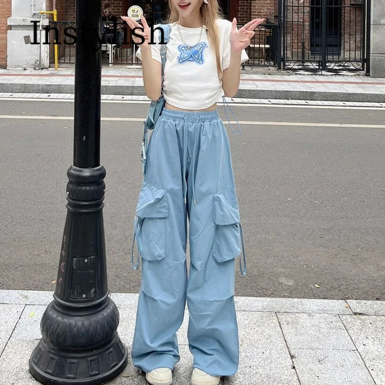 American Women's Overalls Retro Quick Drying Summer High Straight Wide Leg Streamers Loose Casual Floor Length Trousers Trend