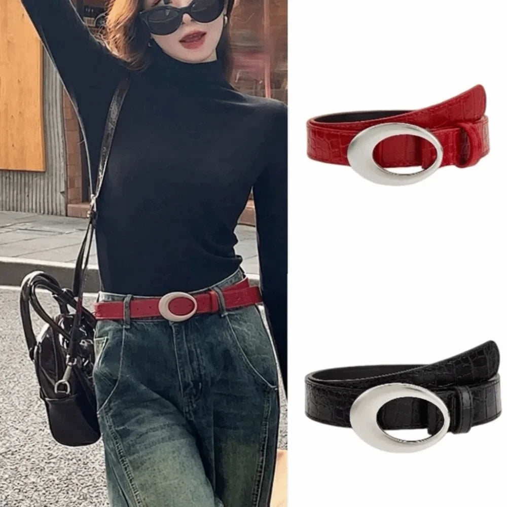 Adjustable Women's Crocodile-patterned Belt Simple Pin Buckle Imitation Leather Waist Belt Red Black Dress Waistband
