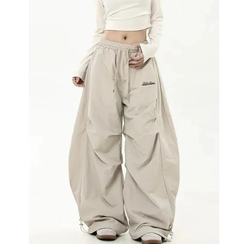 Women Casual Joggers Tech Pants Solid Low Waist Pants Drawstring Wide Leg Baggy Trousers Y2k Streetwear Oversize Sweatpants
