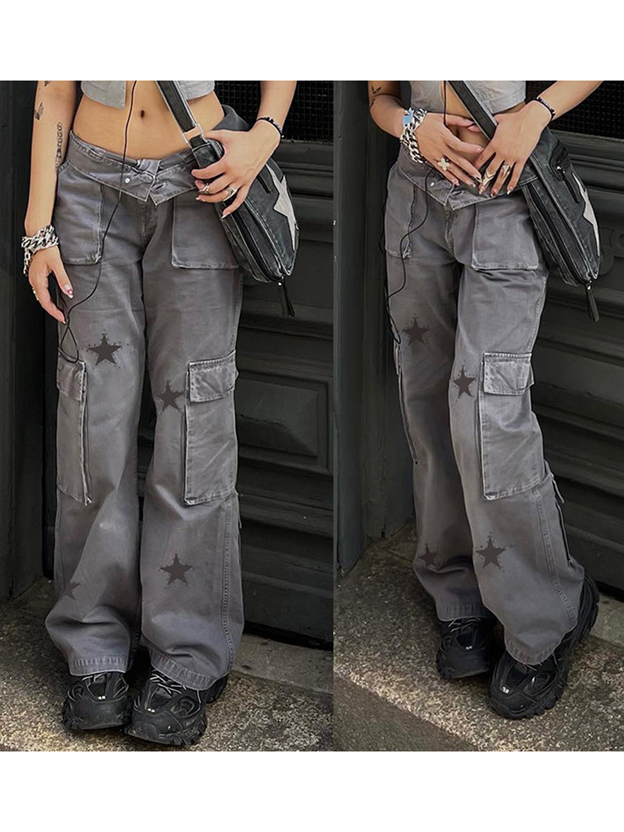 Combhasaki Women's Y2K Grunge Vintage Button Low Waist Cargo Straight Denim Pants Star Print Street Long Trousers with Pockets