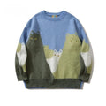 Cartoon Cat Graphic Knitted Sweater Men Oversized Hip Hop Streetwear Autumn Winter Pullover Black Loose Casual Jumper
