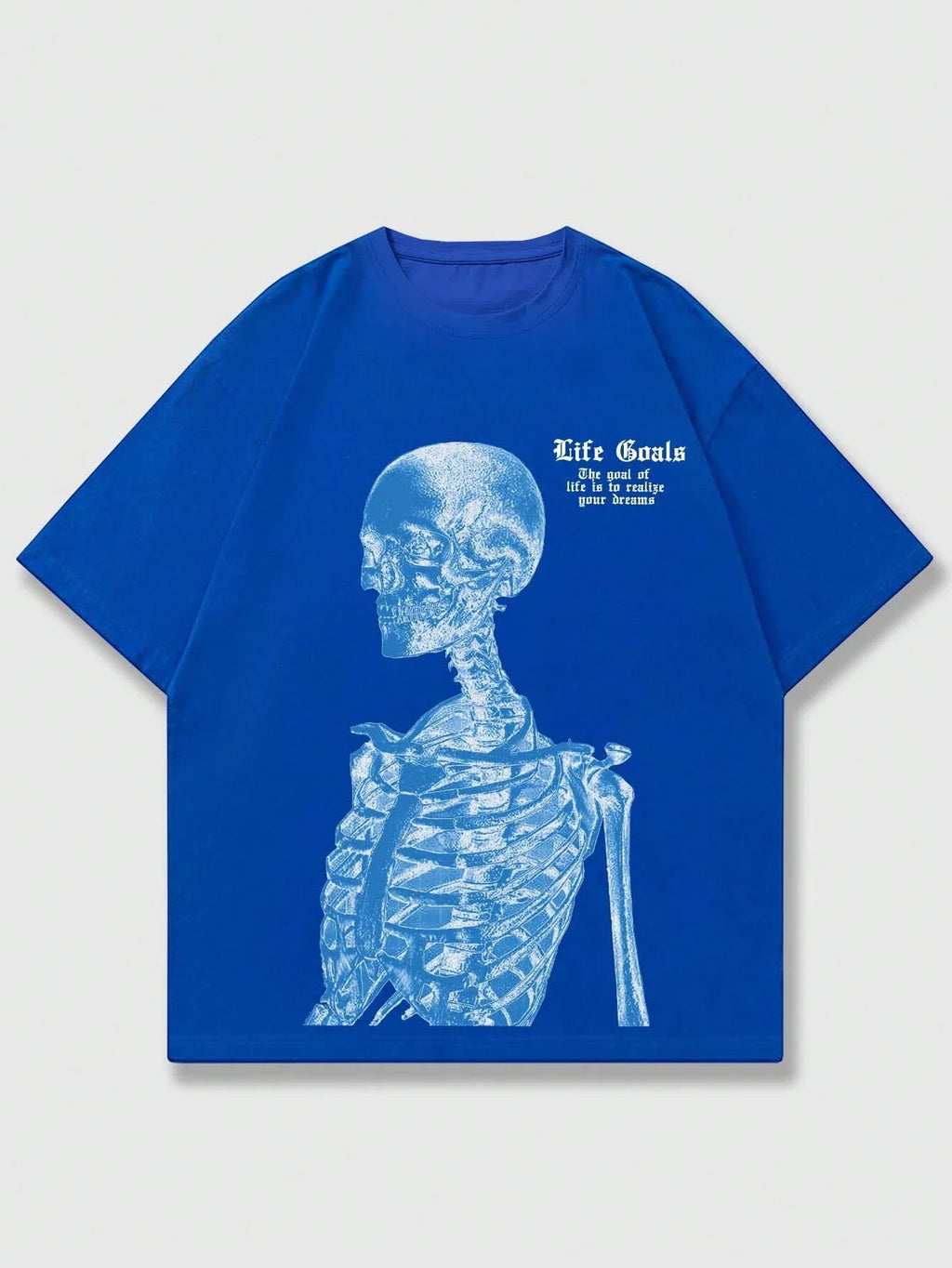 Blue Skeleton Man Life Goals Letter Printing Women T-Shirts Summer O-Neck Cotton Tops Street Fashion Tees Loose Soft Clothes