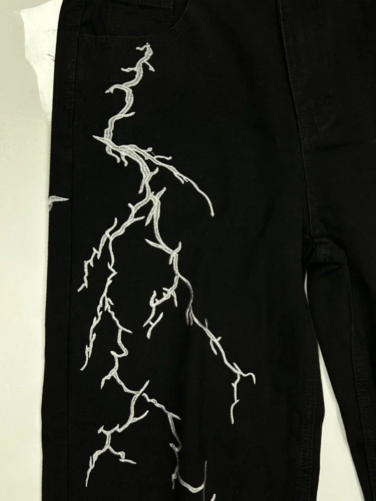 Y2k Fashion Baggy Jeans Black Men's Streetwear Straight Oversize Wide-leg Pants Vintage Lightning Pattern Loose Denim Trousers