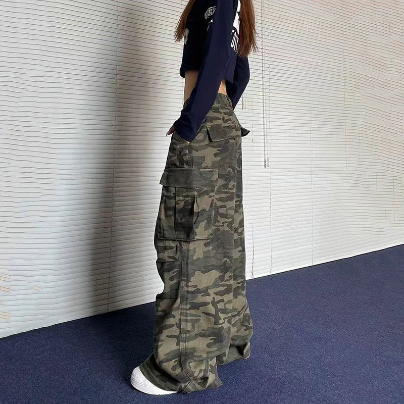 Y2K American Retro Camo Cargo Pants Female High Waist Oversized Pockets Wide Leg Pants Bf Hip Hop Streetwear Straight Trousers