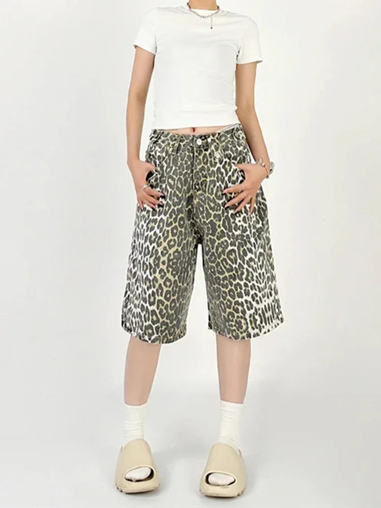 Women's Shorts Denim Leopard Print High Waisted Straight Leg Pants Street Harajuku Y2K Retro Versatile Fashion Wide Leg Jeans