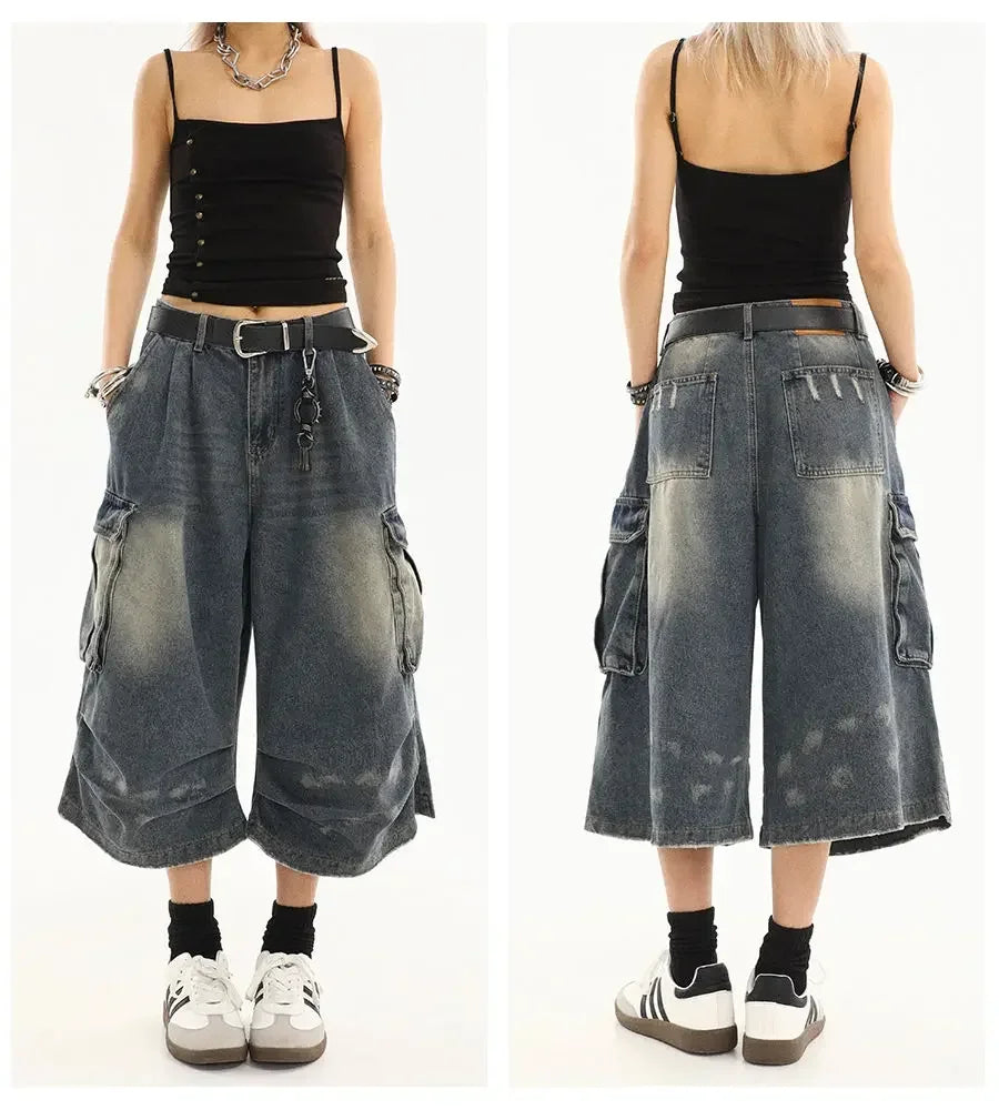 High Waist  Retro Blue Washed Denim Shorts Women's Harajuku Vintage Fashion Casual Loose Y2K Streetwear Wide Leg Cropped Pants