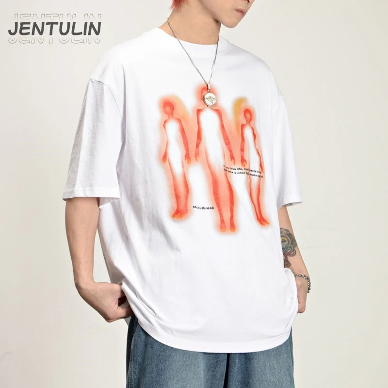 Vintage Oversized Men's Clothing Streetwear Abstract Shadow Graphic Print Distressed Black Tshirt Hip Hop Harajuku Y2k Goth Tops