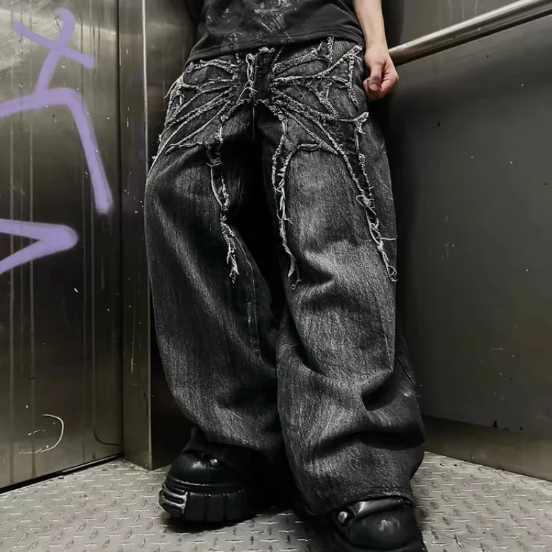 Gothic Retro Baggy Unisex Mopping Pants Y2K Phantom Jeans High Street Spider Embroidered Patch Hip Hop Streetwear Straight Jeans