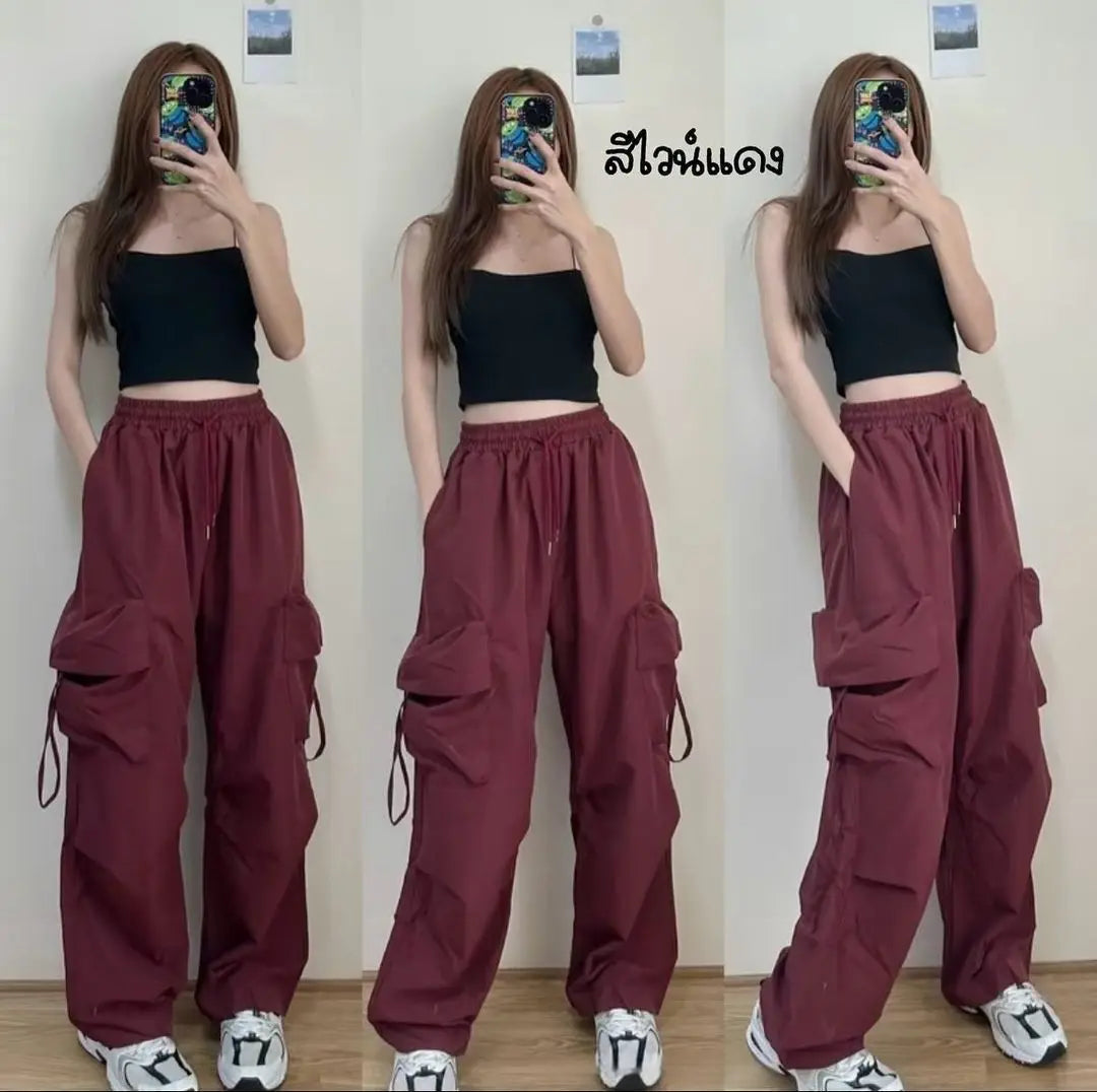 American Women's Overalls Retro Quick Drying Summer High Straight Wide Leg Streamers Loose Casual Floor Length Trousers Trend