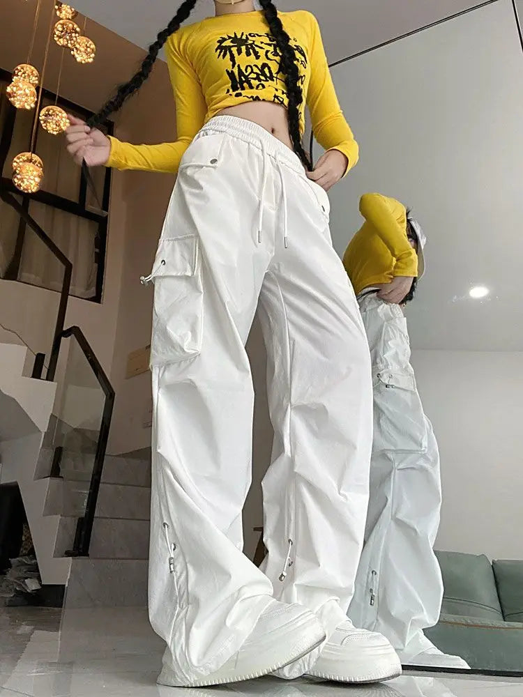2025 Hip Hop Style White Y2k Baggy Kpop Pleated Trousers Cargo Parachute Pants Oversized Korean Streetwear Wide Leg Joggers 90s