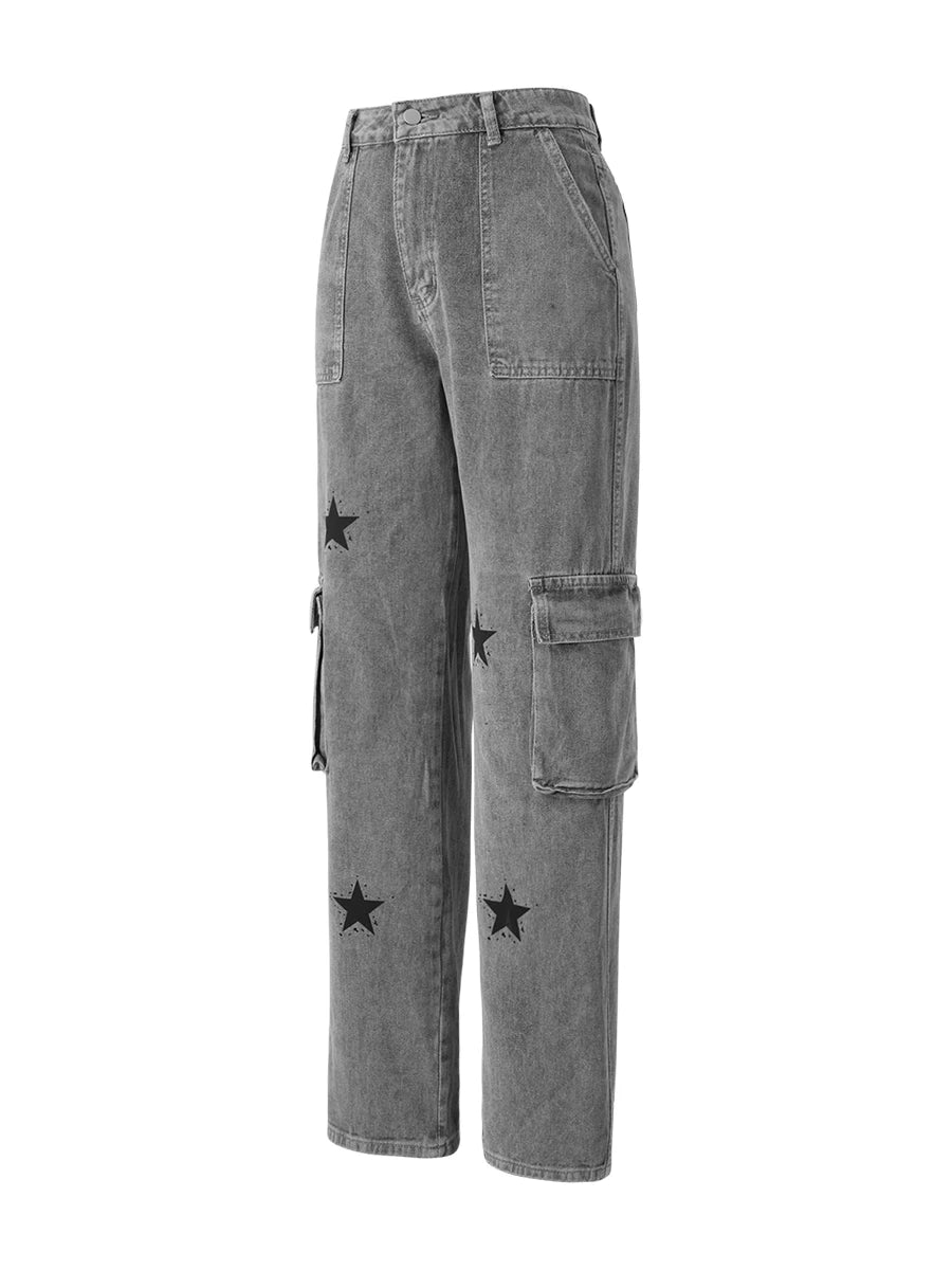 Combhasaki Women's Y2K Grunge Vintage Button Low Waist Cargo Straight Denim Pants Star Print Street Long Trousers with Pockets
