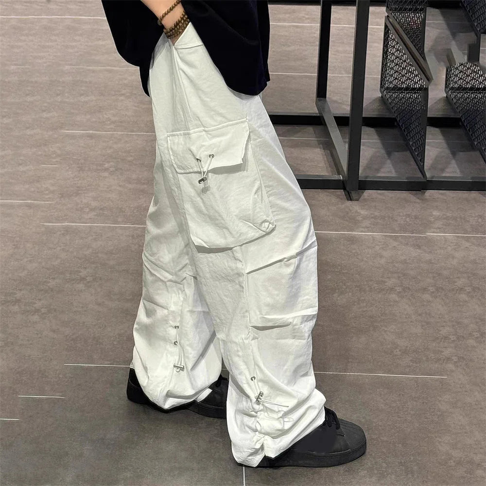 2025 Hip Hop Style White Y2k Baggy Kpop Pleated Trousers Cargo Parachute Pants Oversized Korean Streetwear Wide Leg Joggers 90s
