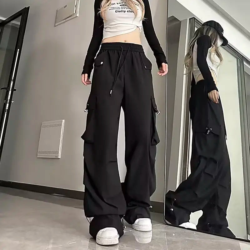 2025 Hip Hop Style White Y2k Baggy Kpop Pleated Trousers Cargo Parachute Pants Oversized Korean Streetwear Wide Leg Joggers 90s