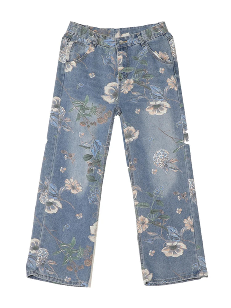 American High Street Floral Printed Jeans For Men 2026 New Y2K Vintage Denim Trousers Hip Hop Fashion Wide-leg Baggy Jean Pants