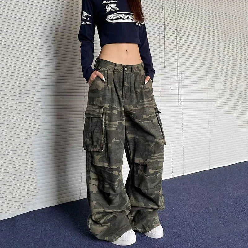 Y2K American Retro Camo Cargo Pants Female High Waist Oversized Pockets Wide Leg Pants Bf Hip Hop Streetwear Straight Trousers