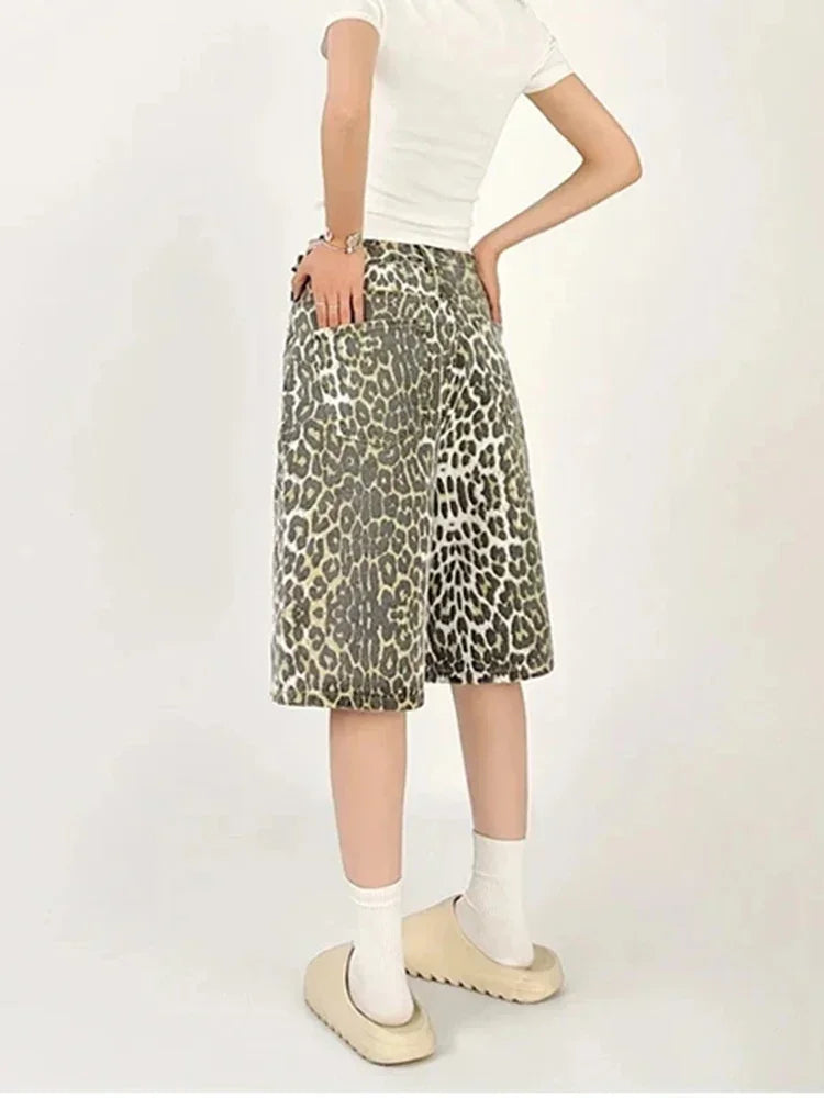 Women's Shorts Denim Leopard Print High Waisted Straight Leg Pants Street Harajuku Y2K Retro Versatile Fashion Wide Leg Jeans