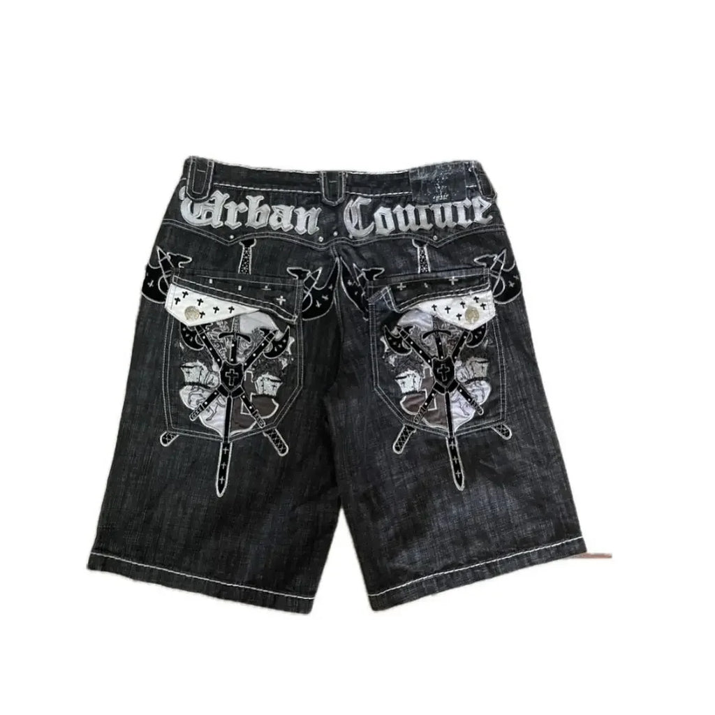 Streetwear Denim Shorts Mens Embroidery American Hip Hop Printed Loose Shorts Gothic Retro Harajuku Fashion Y2K New Shorts