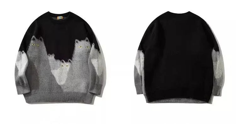 Cartoon Cat Graphic Knitted Sweater Men Oversized Hip Hop Streetwear Autumn Winter Pullover Black Loose Casual Jumper