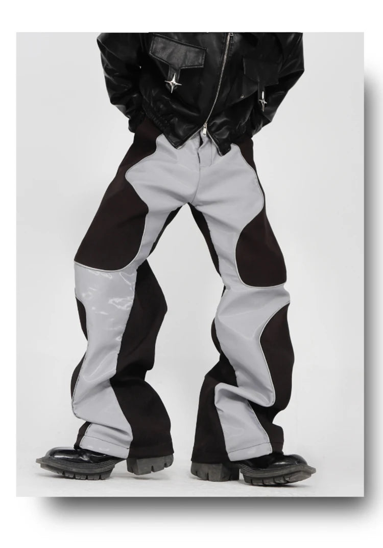 Mauroicardi Spring Autumn Cool Long Loose Casual Soft Patchwork Pu Leather Pants Men Luxury Designer Clothing Trousers 2023