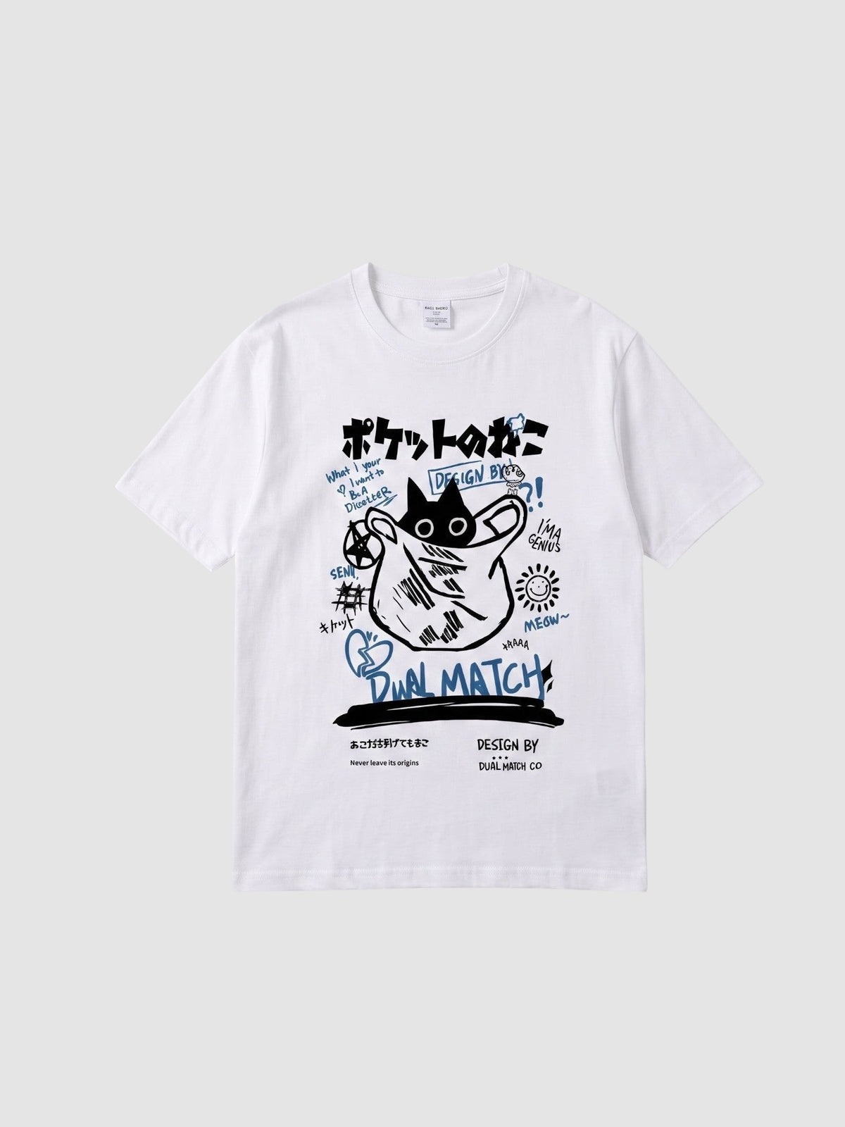 Y2K Studio white t-shirt featuring a black cat graphic in a bag with Japanese text and graffiti-style lettering
