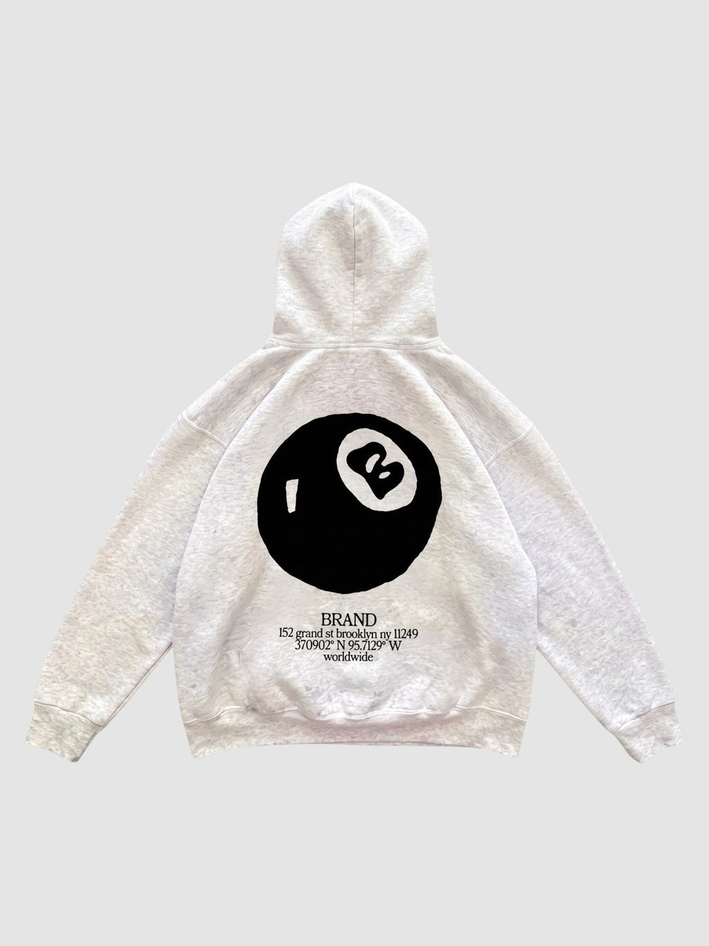 Y2K Studio 8 ball hoodie in heather grey with a large black graphic print on the back and bubble lettering