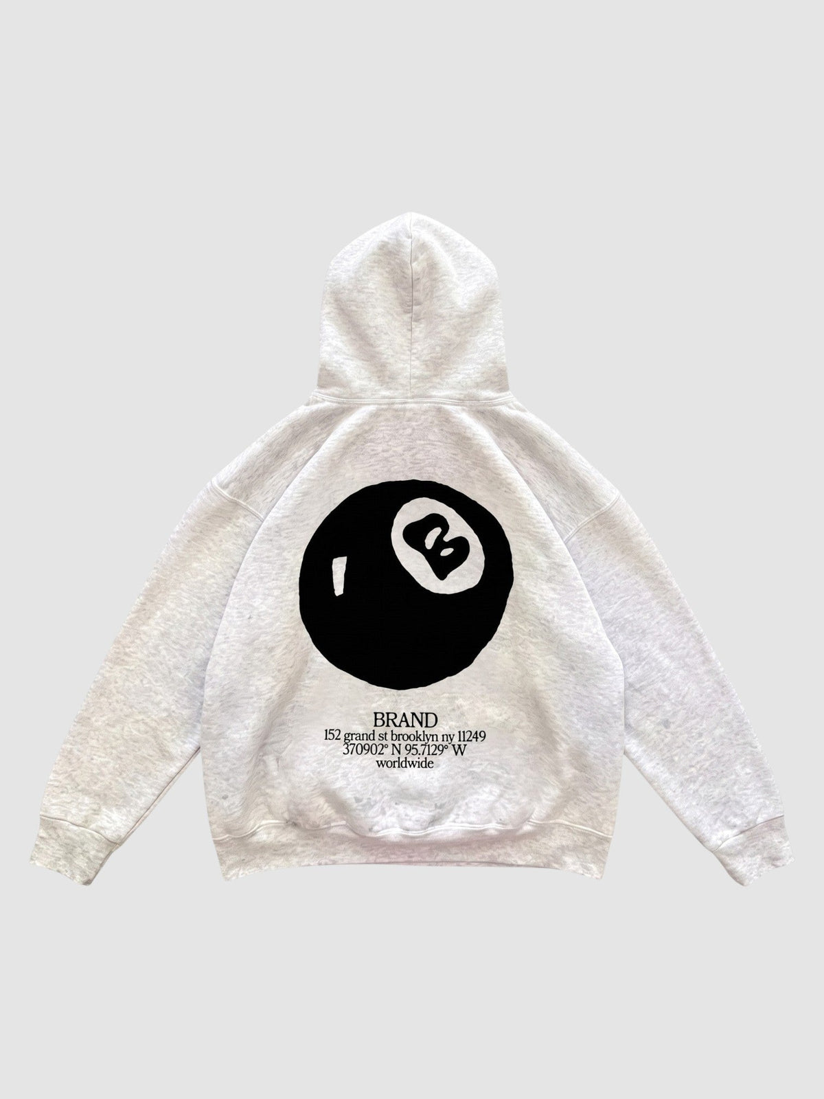 Y2K Studio 8 ball hoodie in heather grey with a large black graphic print on the back and bubble lettering