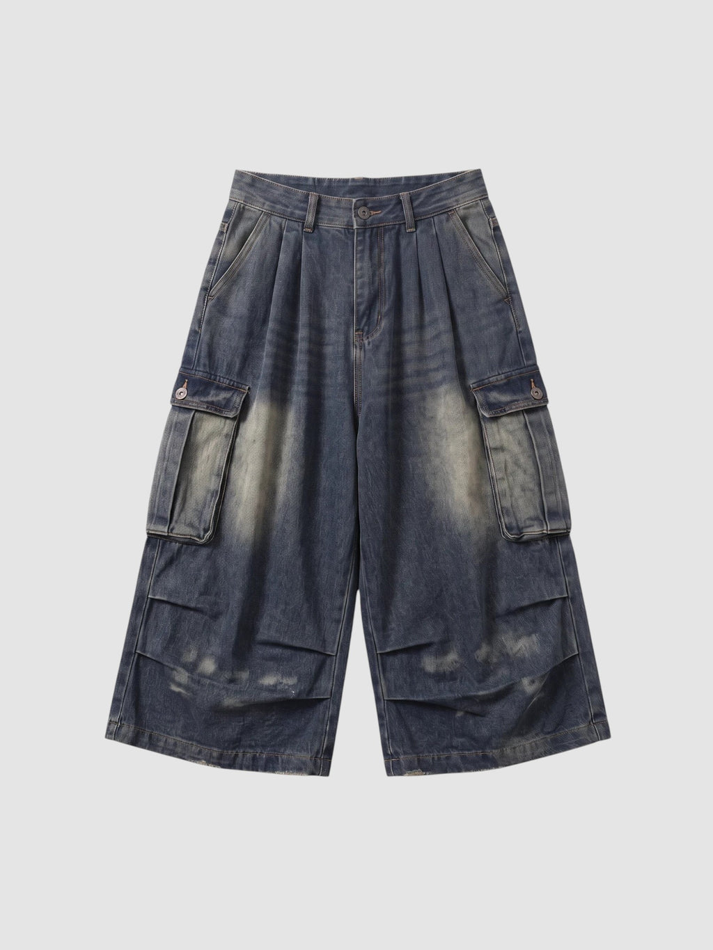 Y2K Studio baggy cargo denim shorts in a faded blue wash with large side pockets and a high-waisted pleated fit.