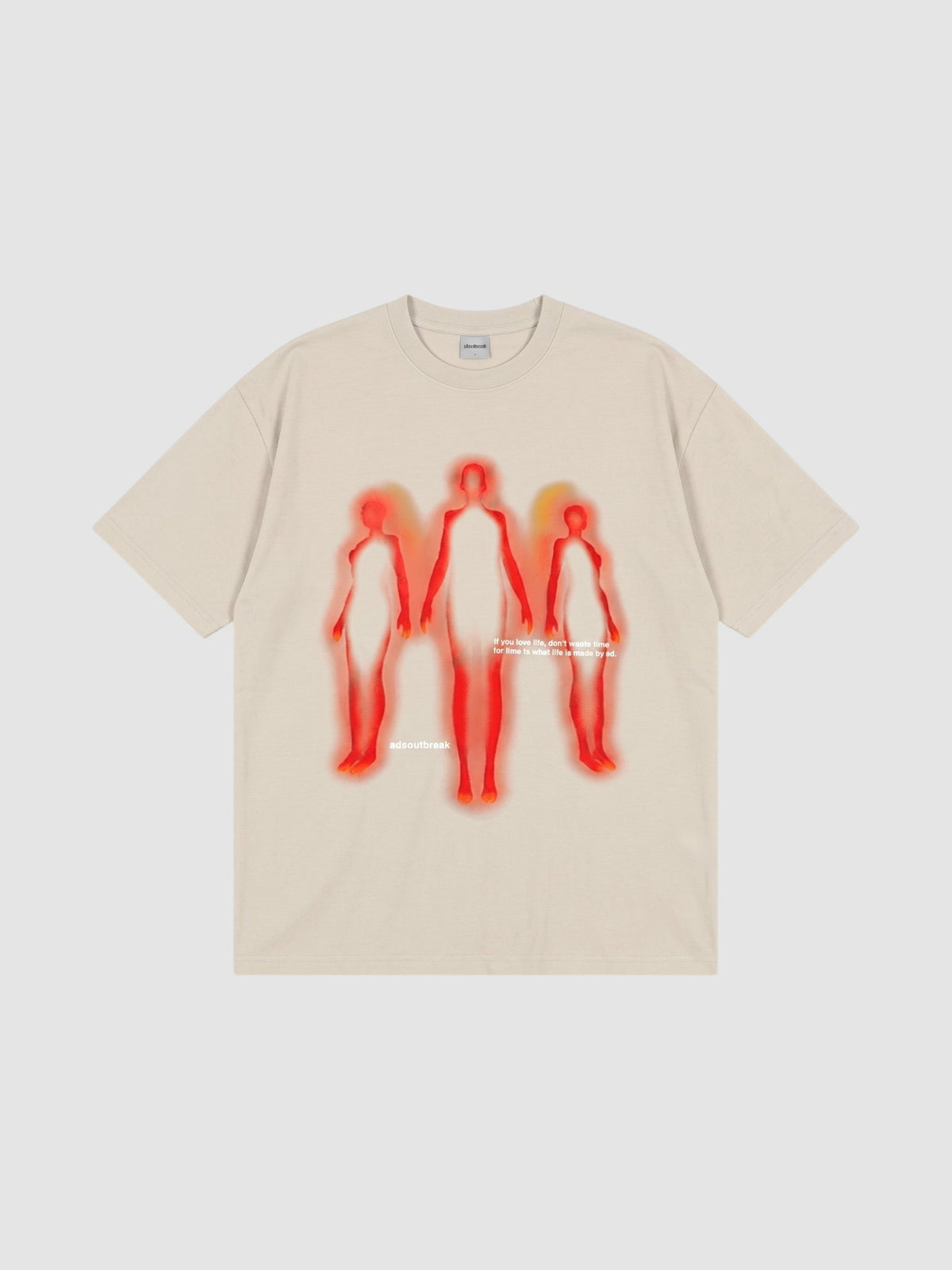 Y2K Studio beige oversized cotton t-shirt with red and orange thermal-style human silhouette graphic print