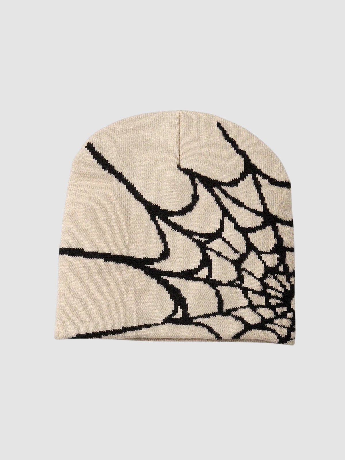 Y2K Studio beige beanie featuring a bold black spider web graphic pattern in a lightweight knit fabric