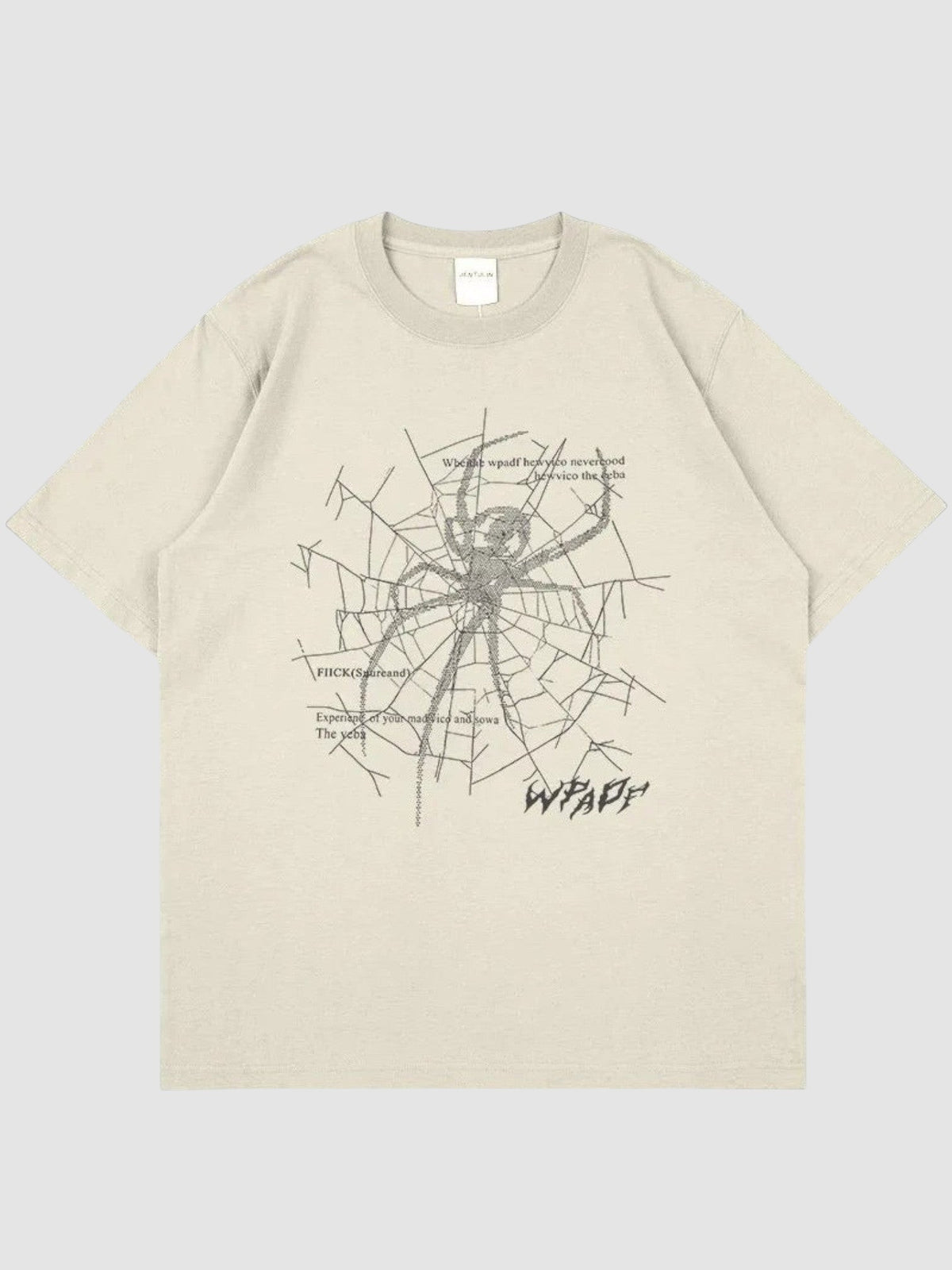 Y2K Studio beige oversized cotton-blend t-shirt with a dark grey spider web graphic and gothic lettering