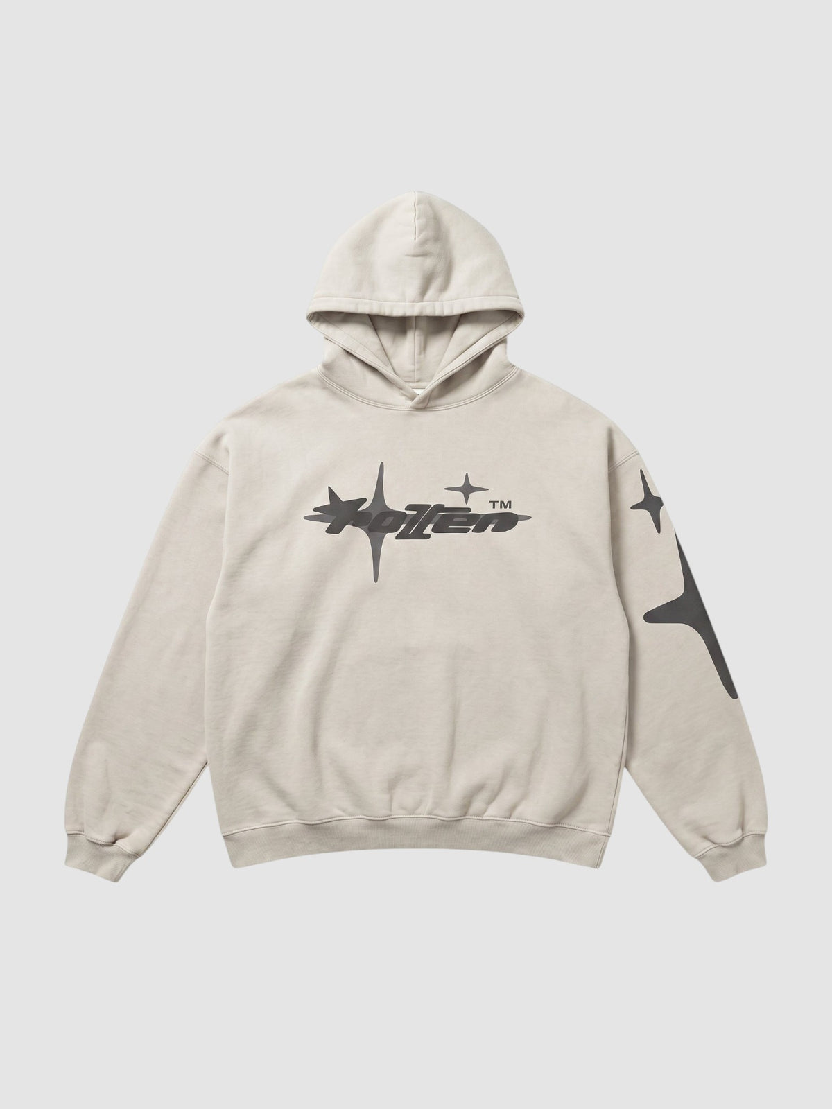 Y2K Studio beige oversized hoodie with grey star graphic and lettering on the chest and sleeve