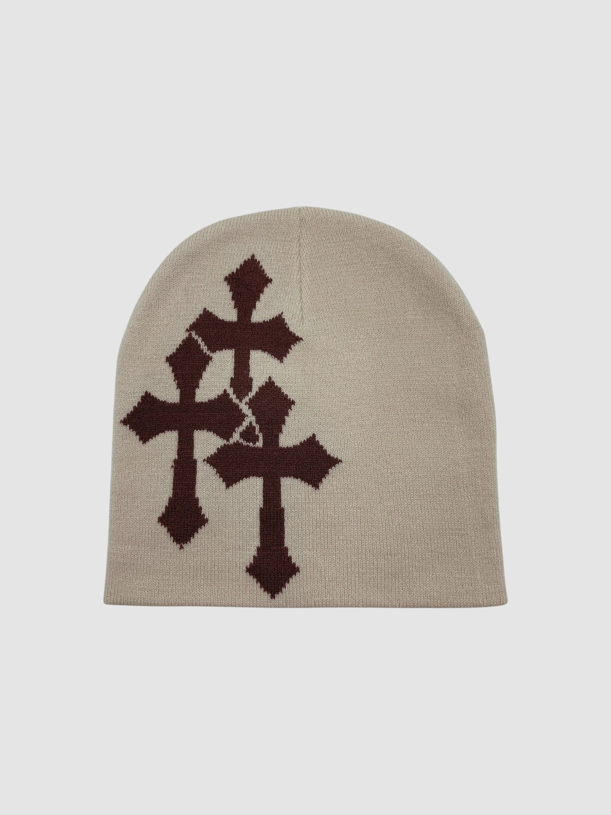 Y2K Studio beige knit beanie featuring a dark brown jacquard triple cross pattern with a subtle cracked design.