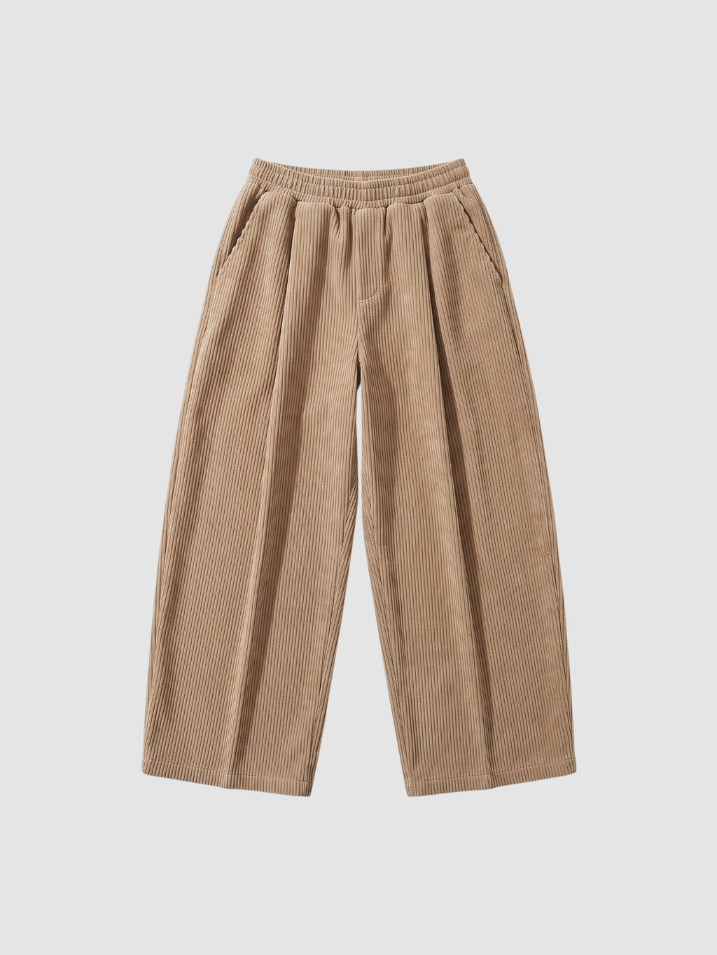 Y2K Studio beige wide-leg corduroy trousers with an elasticated waist and deep side pockets in a relaxed Y2K style.