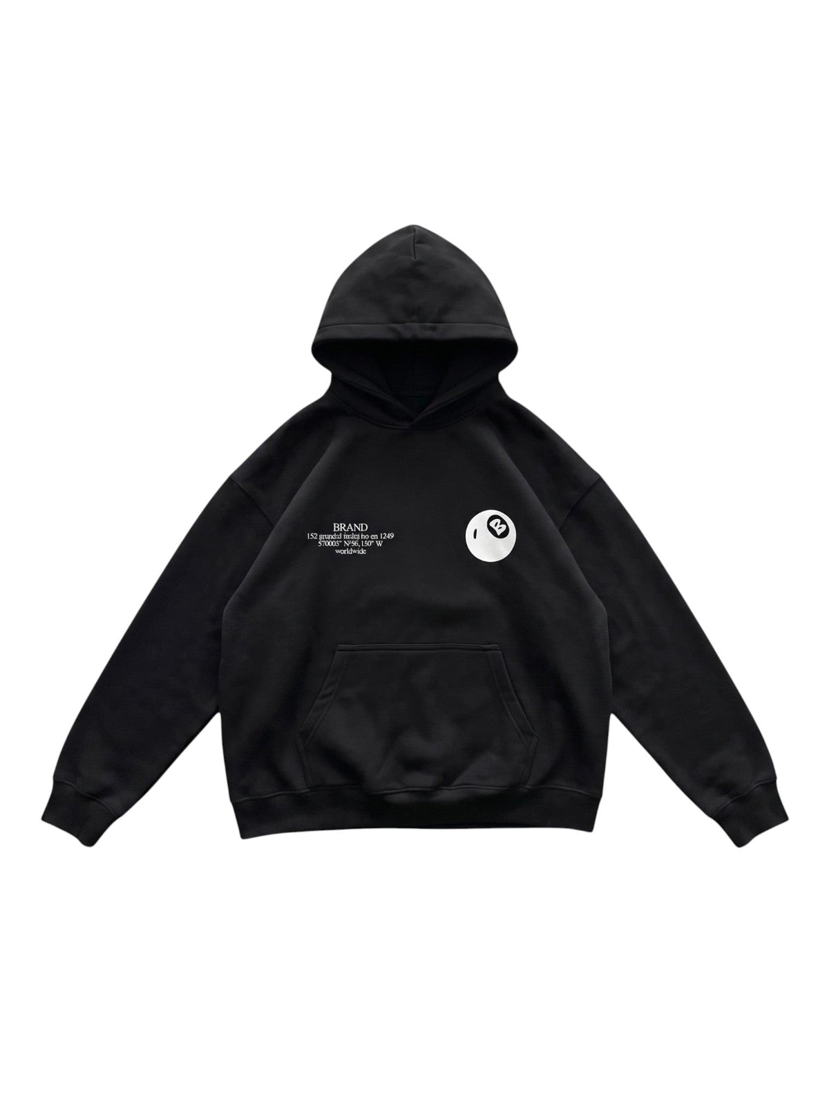 Y2K Studio black oversized hoodie with white 8 ball graphic and text on the chest, featuring a kangaroo pocket.