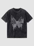 Y2K Studio black acid wash boxy t-shirt with a grey dripping butterfly graphic and gothic lettering on the chest.