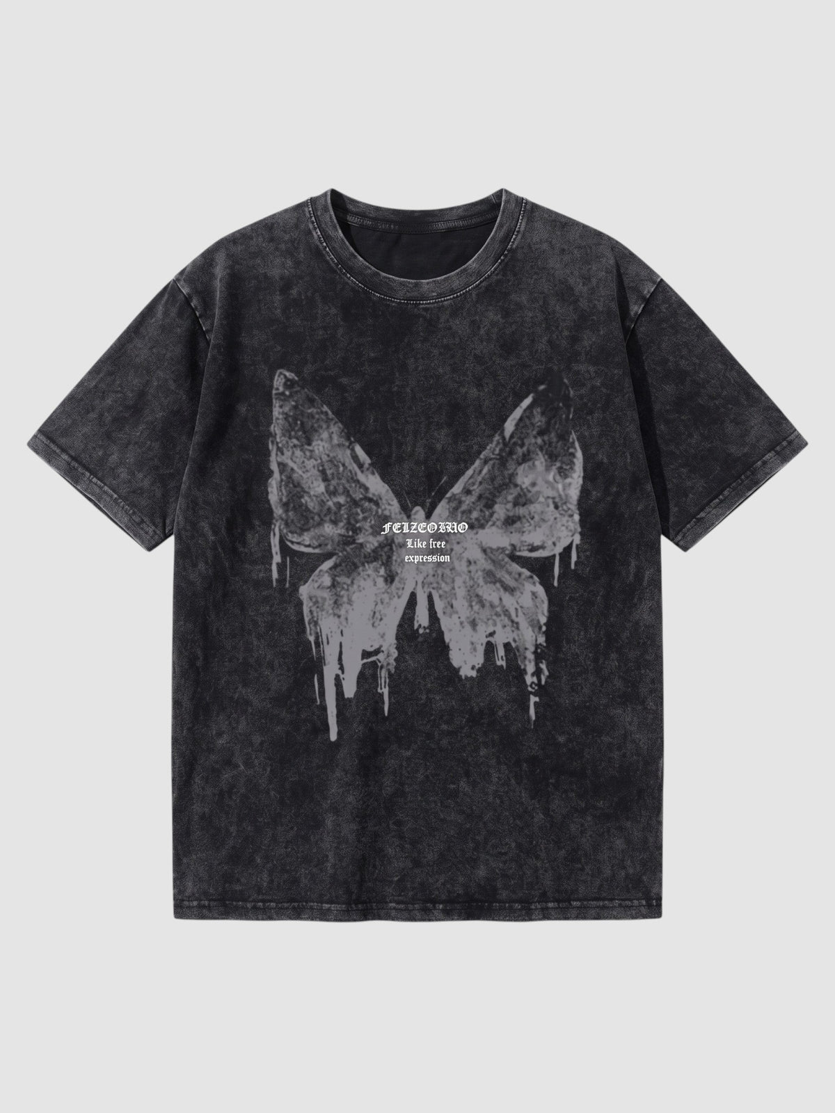 Y2K Studio black acid wash boxy t-shirt with a grey dripping butterfly graphic and gothic lettering on the chest.