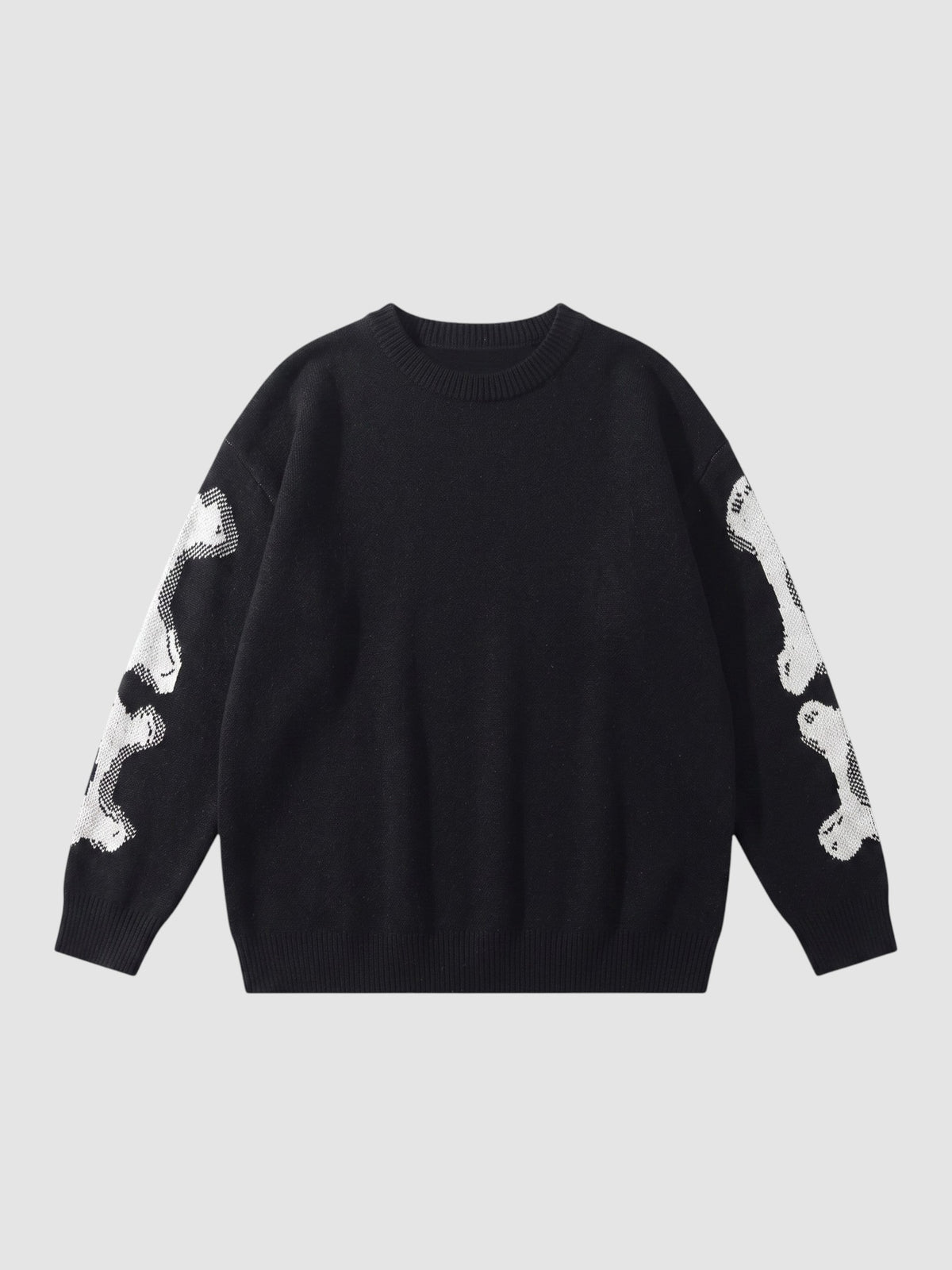 Y2K STUDIO black knit sweater featuring a white 3D-effect bone pattern on the sleeves and a crew neck design.