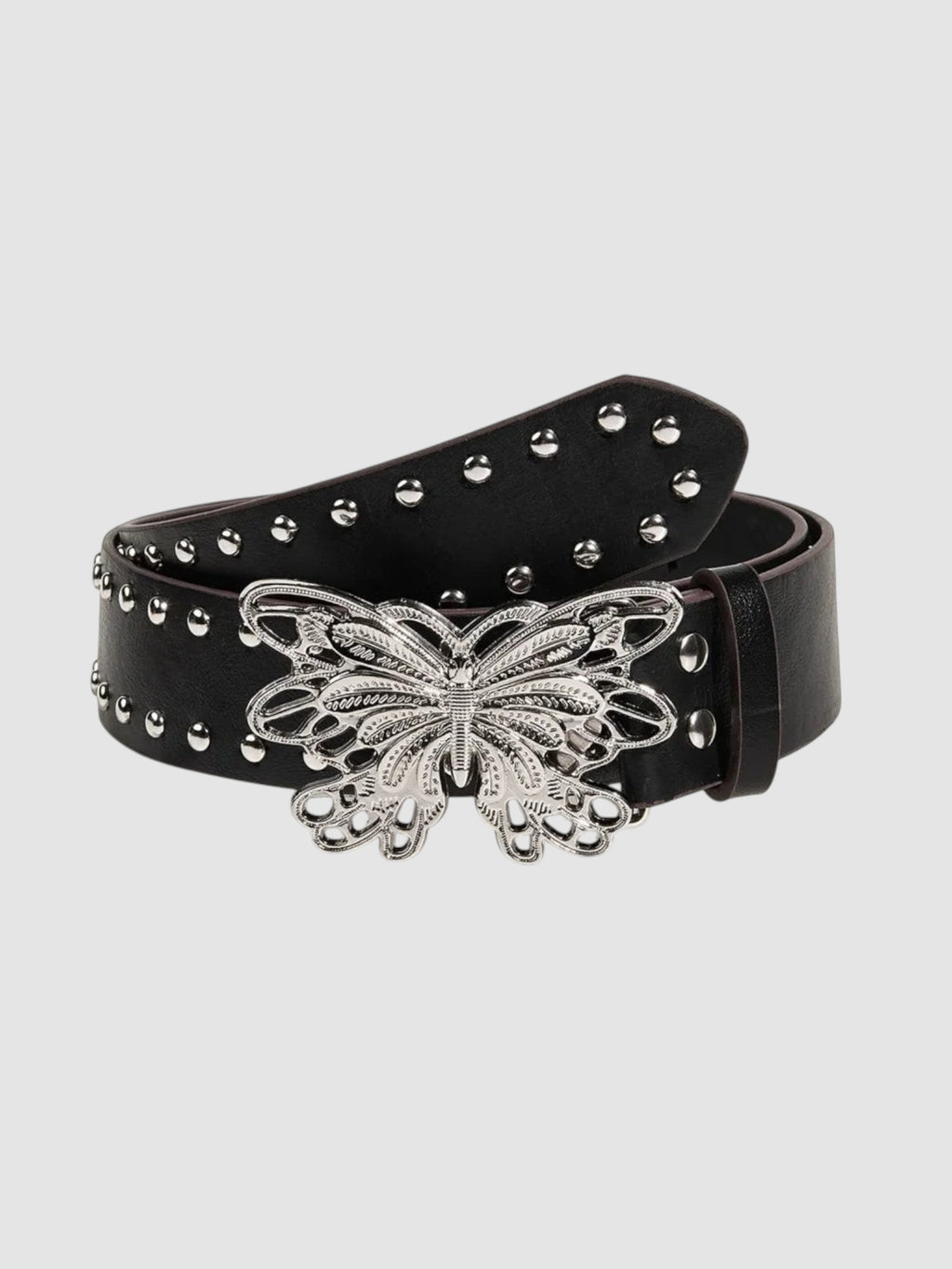 Y2K Studio black faux leather belt featuring a silver filigree butterfly buckle and metal stud embellishments.