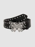 Y2K Studio black faux leather belt featuring a silver filigree butterfly buckle and metal stud embellishments.