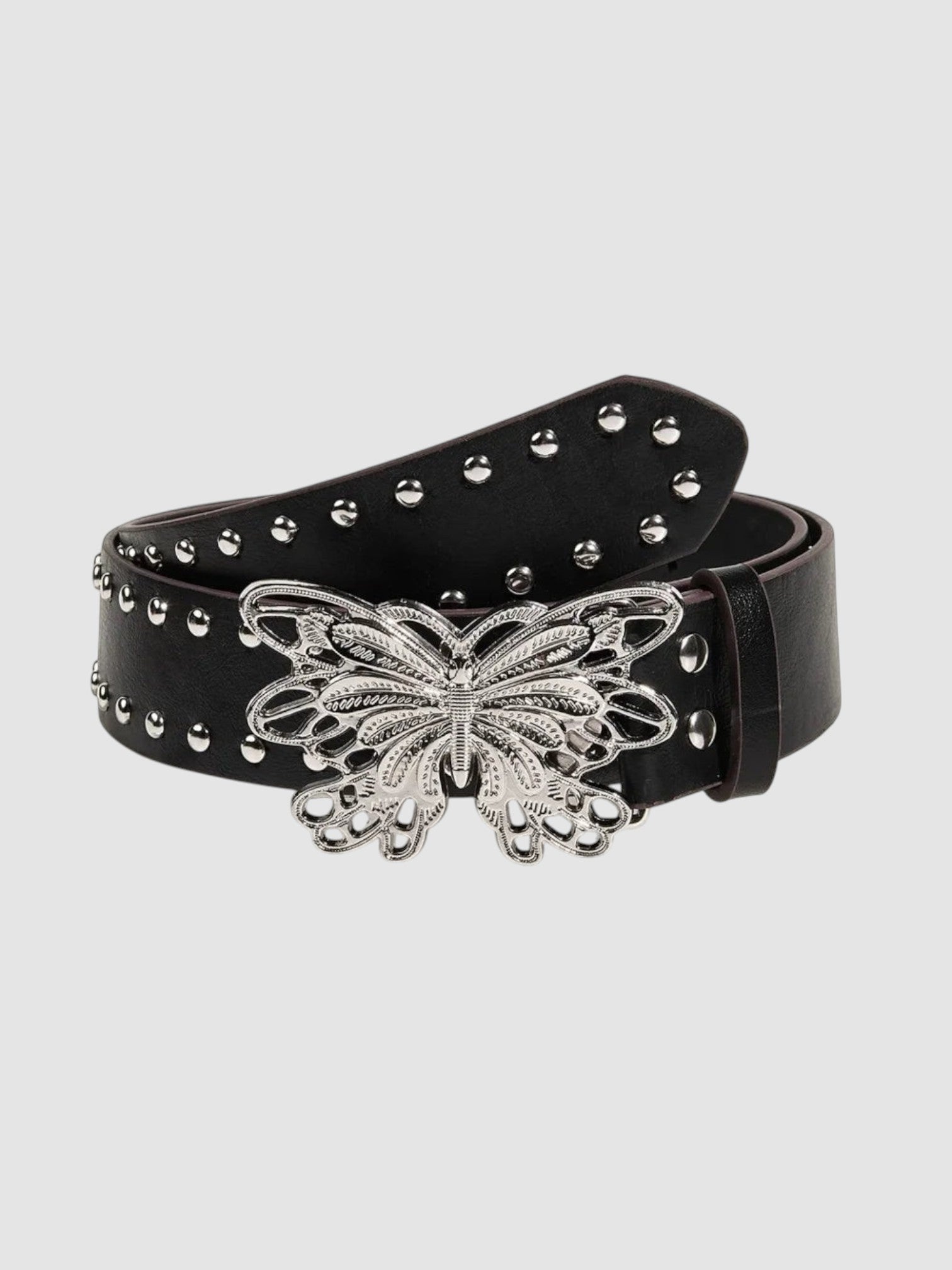 Y2K Studio black faux leather belt featuring a silver filigree butterfly buckle and metal stud embellishments.
