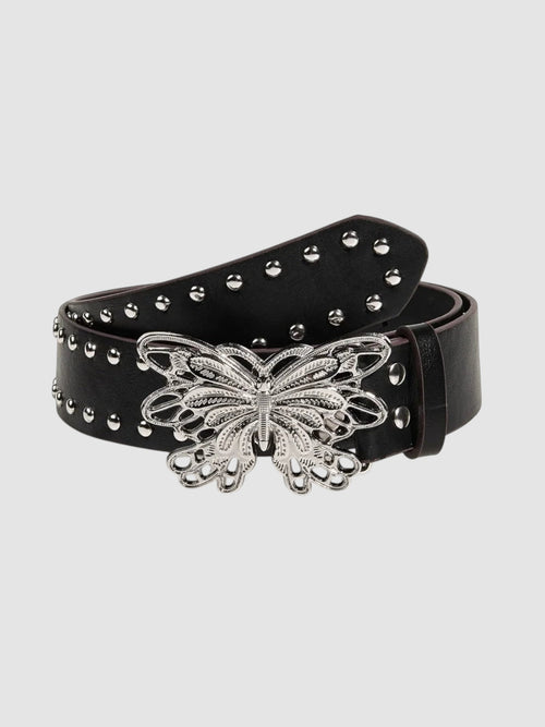 Y2K Studio black faux leather belt featuring a silver filigree butterfly buckle and metal stud embellishments.
