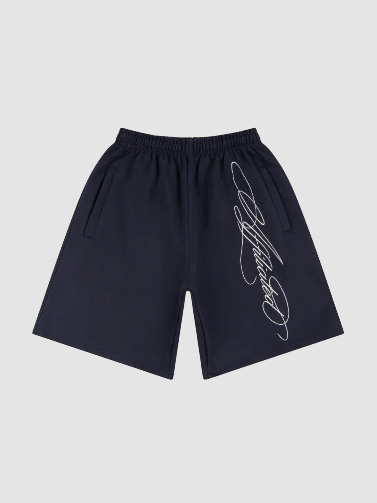 Y2K STUDIO black fleece shorts featuring a white diagonal cursive calligraphy print and an elasticated waistband.