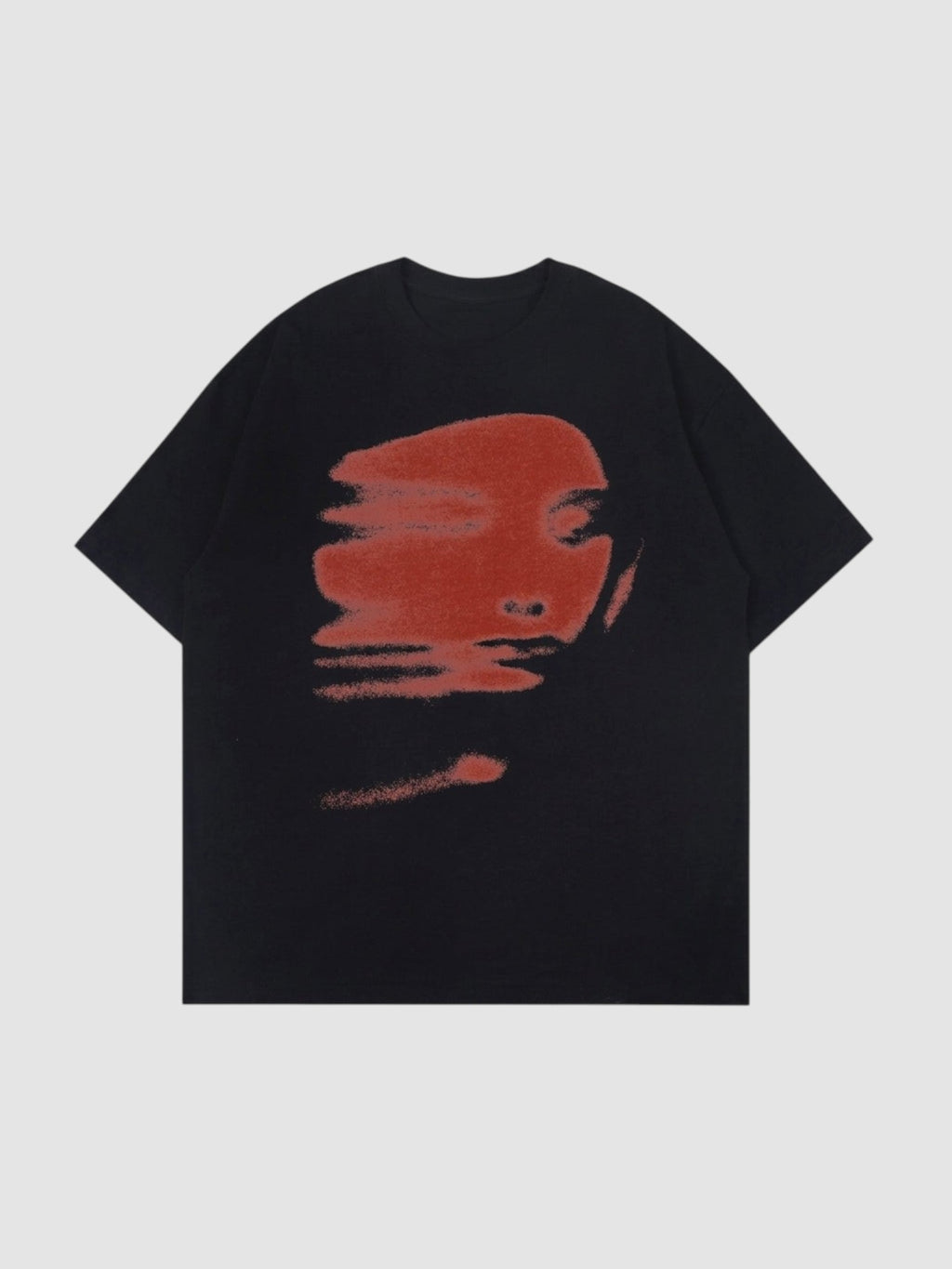 Y2K Studio black cotton t-shirt with a blurred brick red abstract face print in a Y2K aesthetic style.