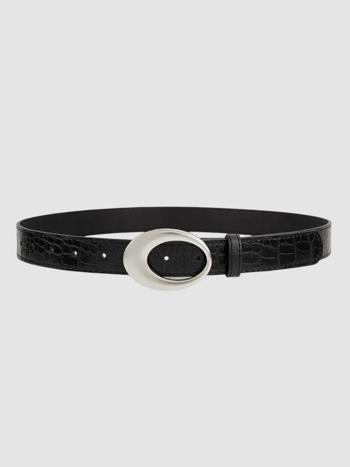 Y2K Studio black faux leather crocodile embossed belt with a large polished silver oval buckle