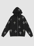 Y2K Studio black zip-up hoodie featuring a repeating light grey cross pattern, hood, and front pockets.