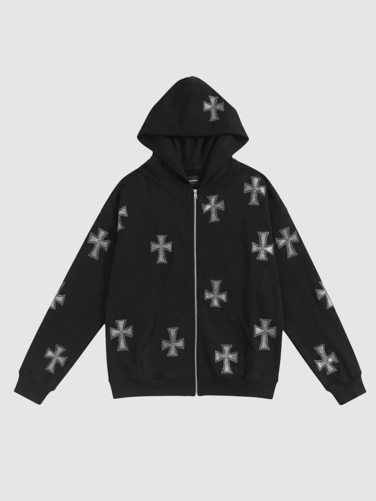 Y2K Studio black zip-up hoodie featuring a repeating light grey cross pattern, hood, and front pockets.